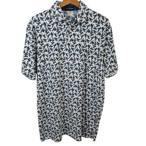 John Morgan Polo Shirt Mens Medium White Blue Bird Print Short Sleeve Casual
